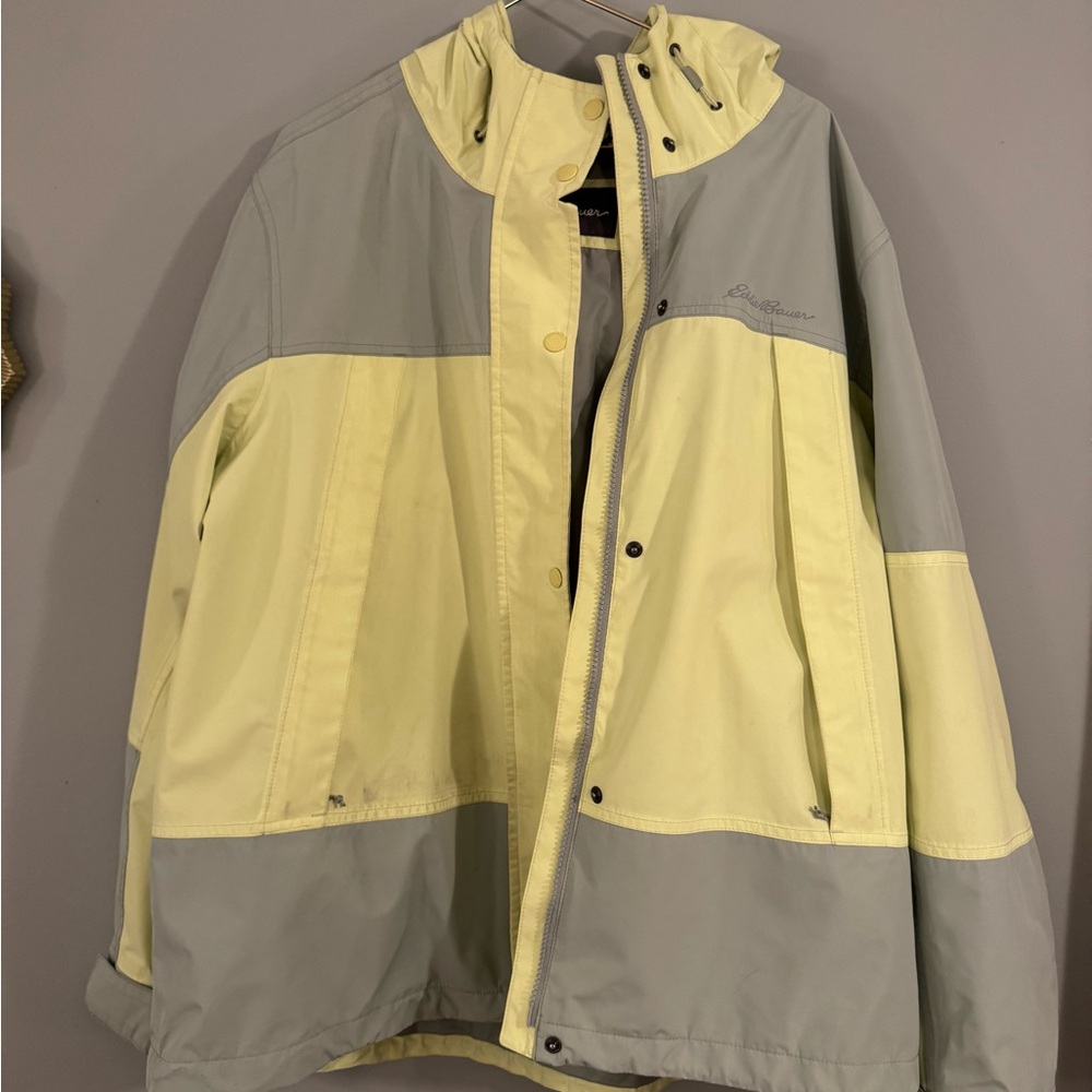 Eddie Bauer Two-Tone Yellow and Gray Hooded Rain Jacket
